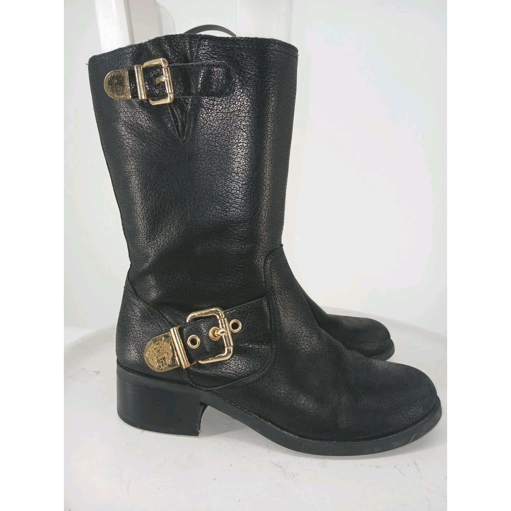 Vince Camuto Black Leather Moto Boots Womens Size 7.5M Gold Buckles  C124